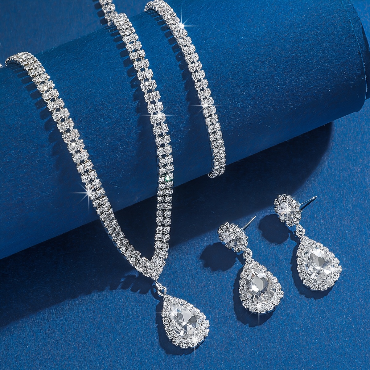 CZ Drop Necklace Ring Set Silver Plated Teardrop Pendants Earrings